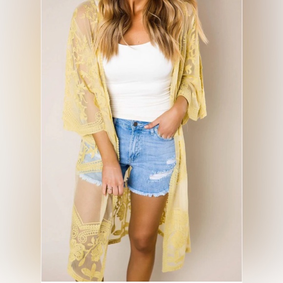 Klasiks yellow gold embroidery duster kimono! Boho, beach one size - Picture 10 of 16
